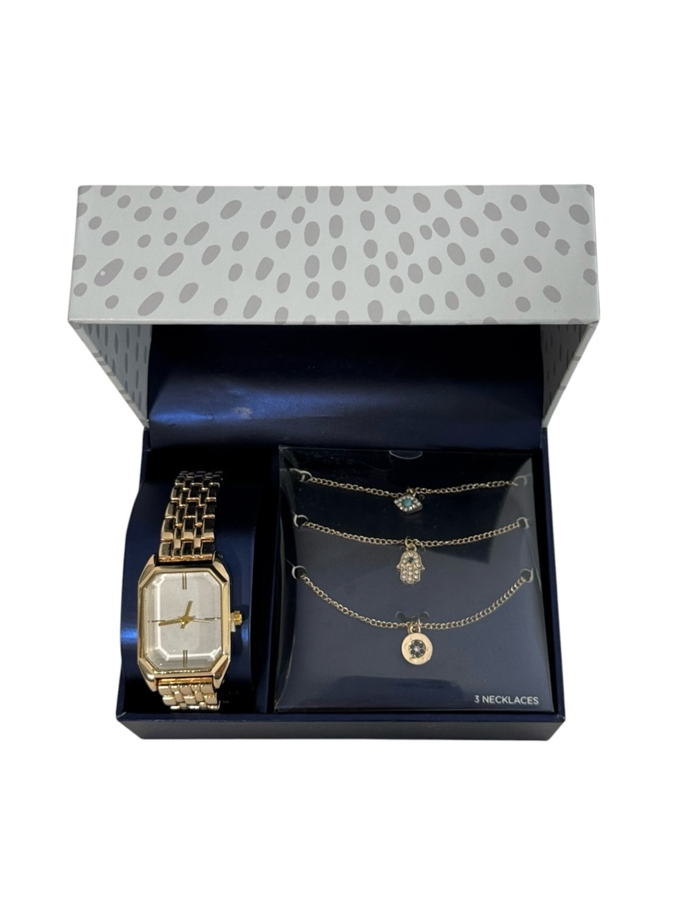 Bon Voyage Gold Tone Watch & 3 Necklace Gift Set Hamsa Evil Eye.